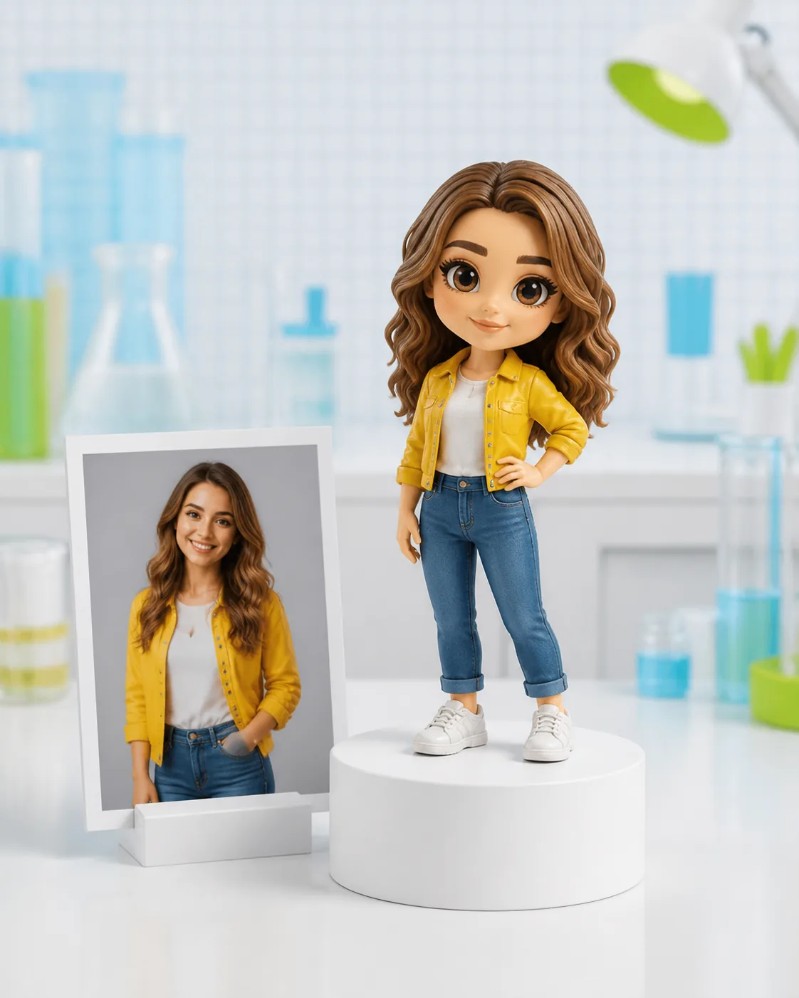 A full-colour chibi figure of a person on a wooden base, next to the photograph it was made from, on a bright workbench